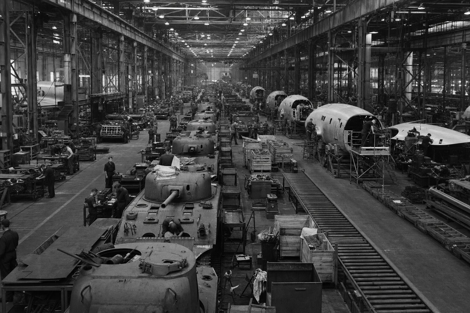 戦車と航空機を大量生産する第二次世界大戦の工場