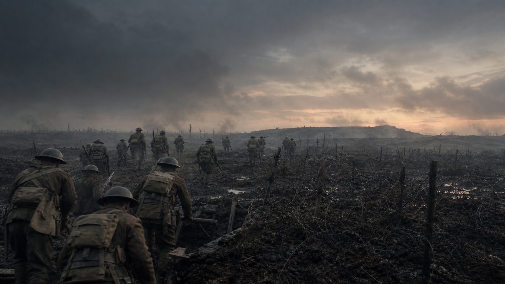 1916年7月1日のソンムで砲撃後の無人地帯を進む英軍歩兵とドイツ軍防御線