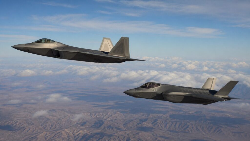 雲上を飛行するF-22ラプターとF-35AライトニングII