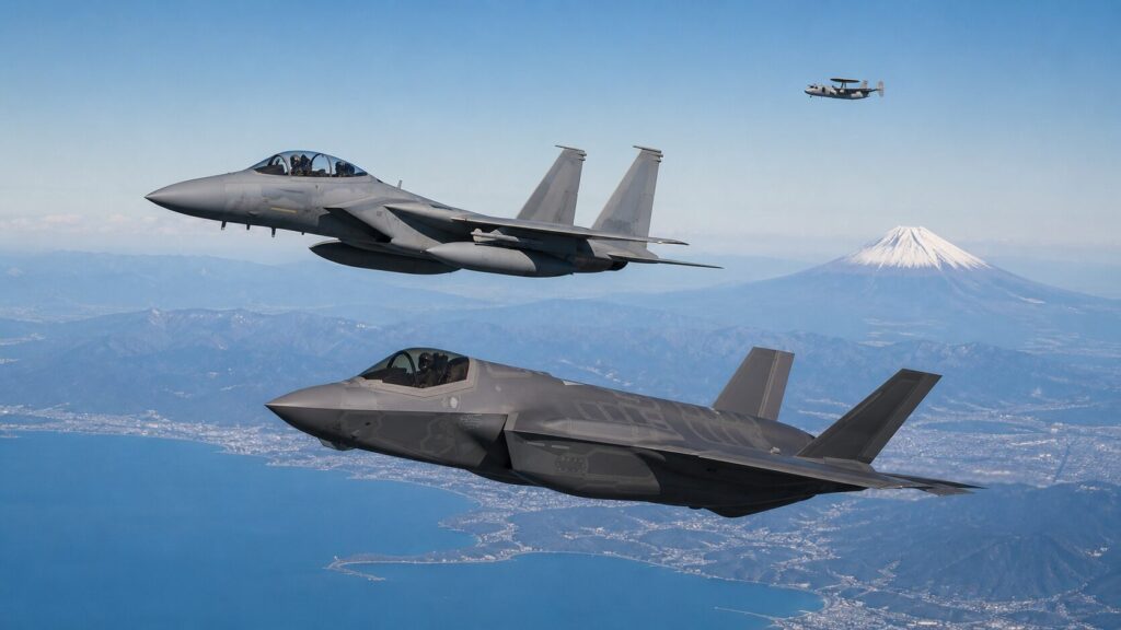 日本上空を編隊飛行するF-15JとF-35A
