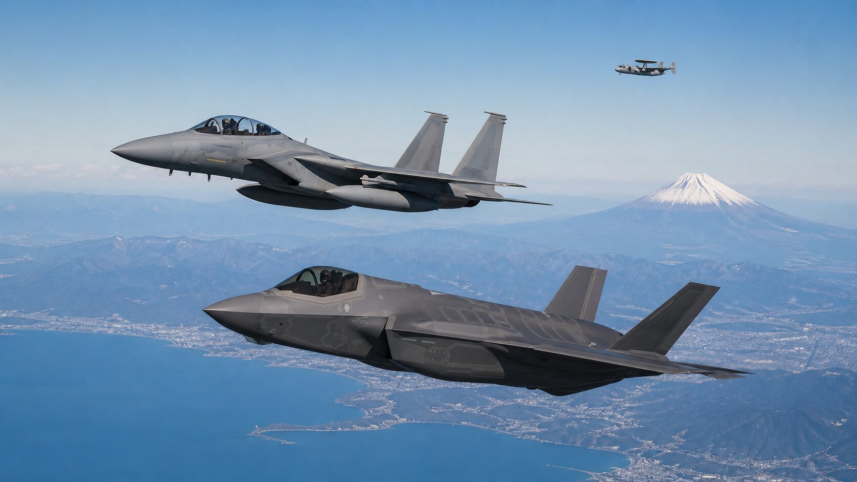 日本上空を編隊飛行するF-15JとF-35A
