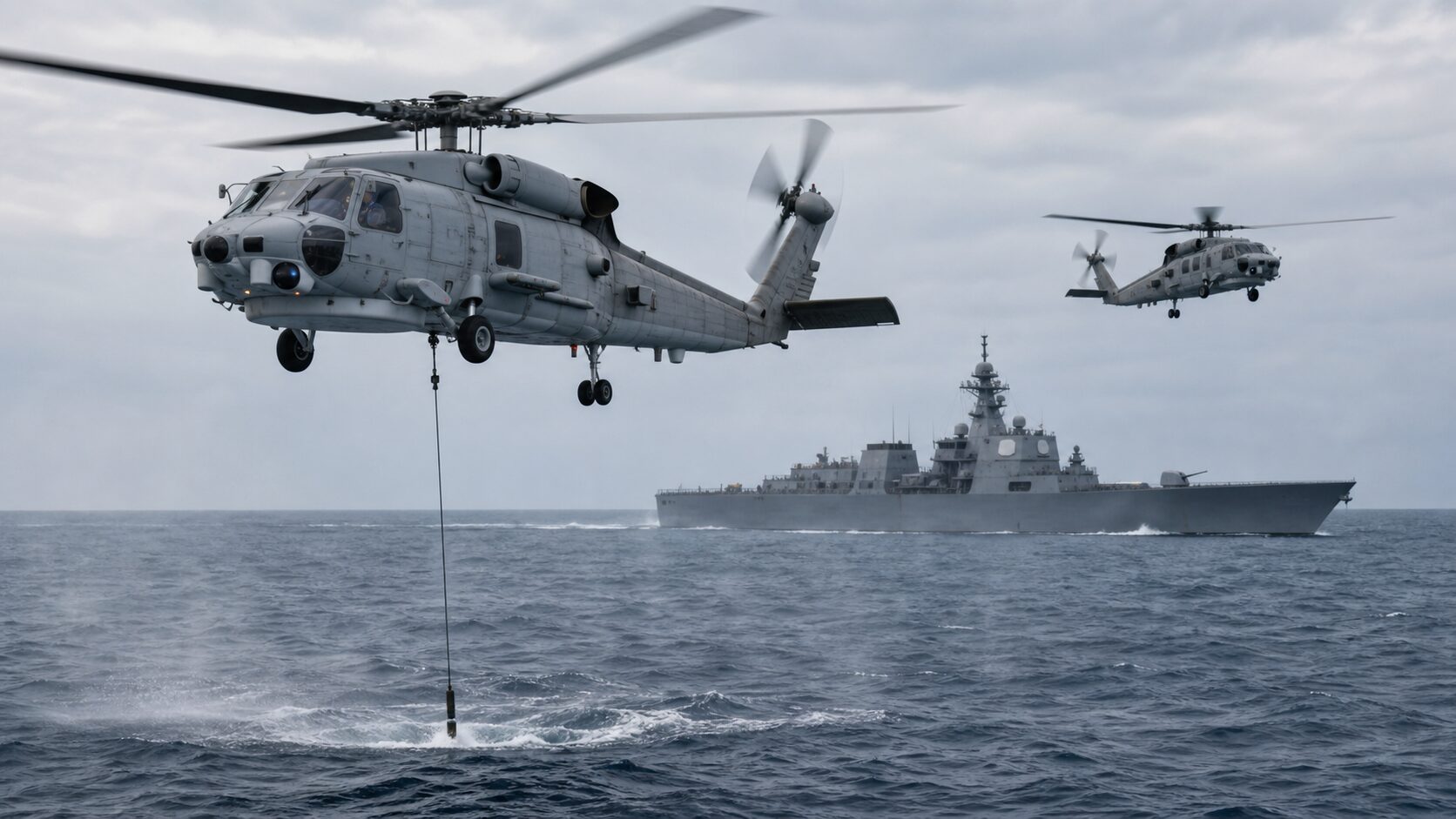 護衛艦と連携し、吊下式ソーナーを使用する2機の対潜ヘリコプター