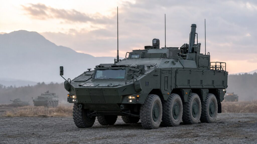 演習場を走行する8輪式の機動迫撃砲車