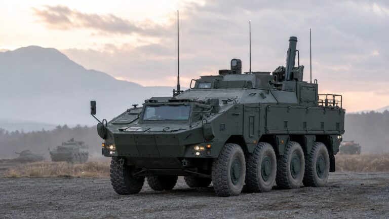 演習場を走行する8輪式の機動迫撃砲車