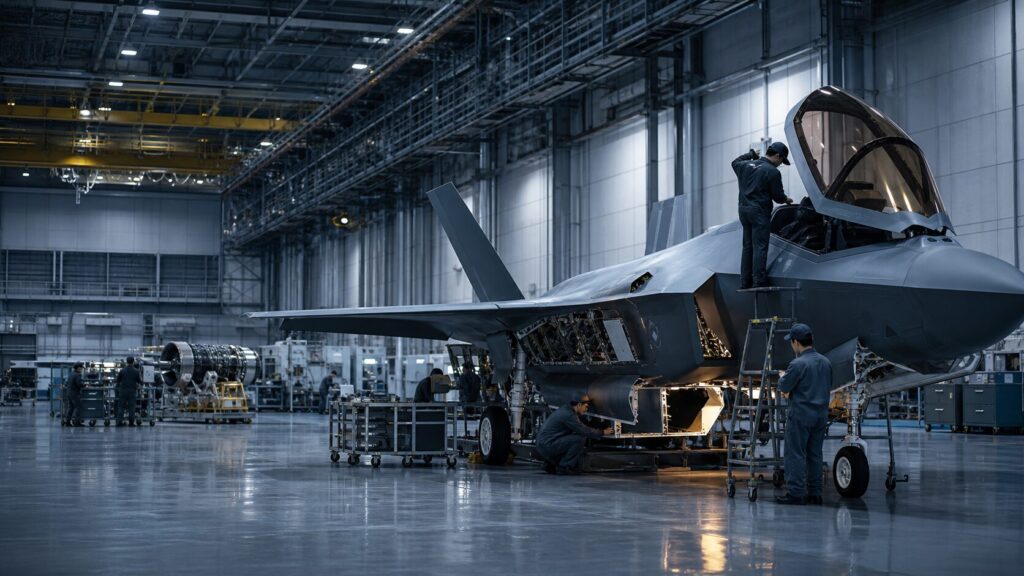 航空機整備工場で分解検査を受けるF-35戦闘機