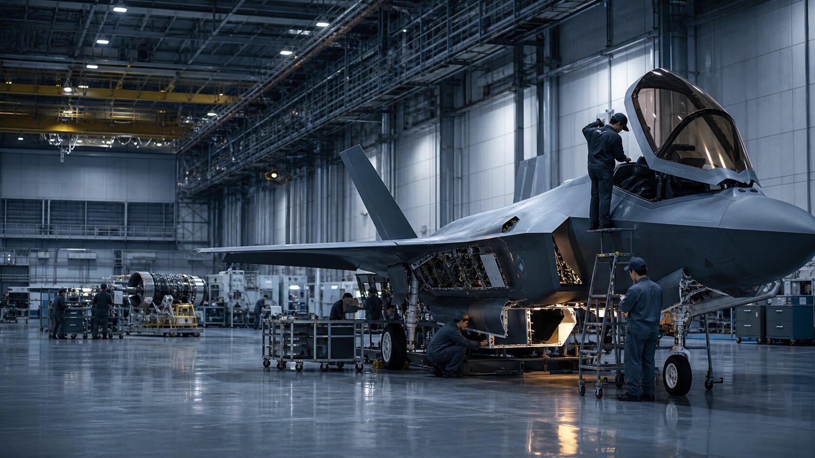 航空機整備工場で分解検査を受けるF-35戦闘機