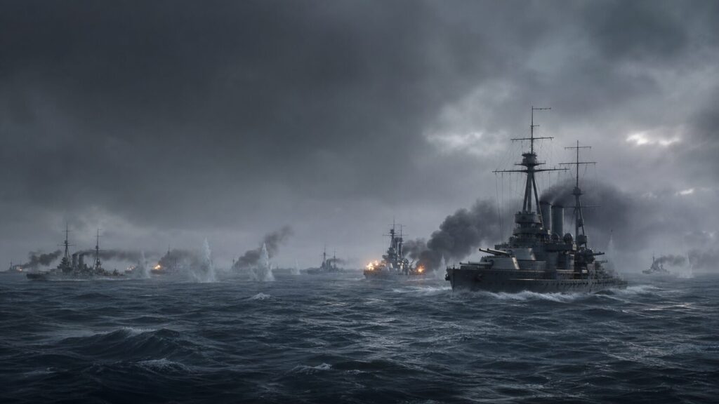 北海の低視界で砲撃を交わす英グランド・フリートと独大洋艦隊の戦艦隊
