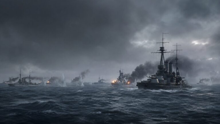 北海の低視界で砲撃を交わす英グランド・フリートと独大洋艦隊の戦艦隊