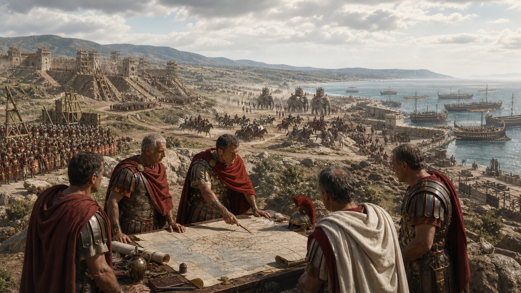 ローマ軍の陣地・騎兵・戦象・軍船を見渡して作戦を練る古代ローマの指揮官たち