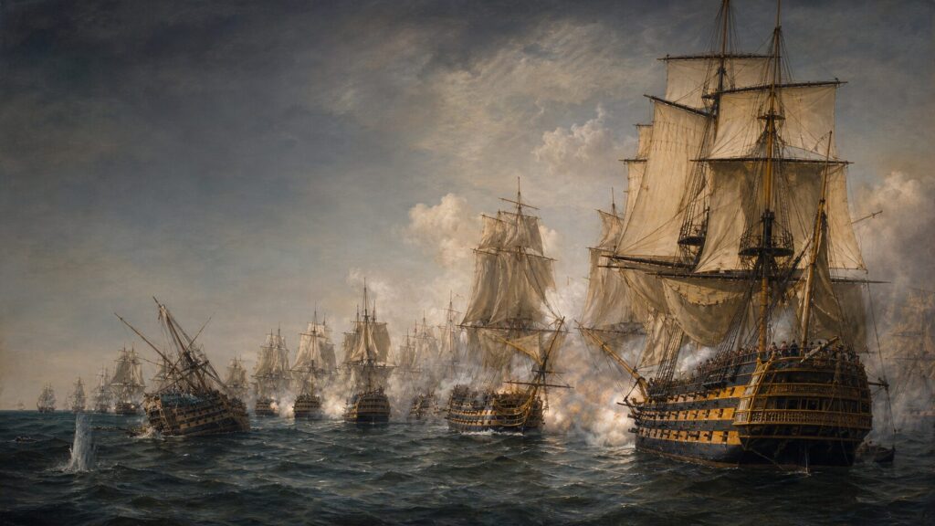 トラファルガー岬沖で仏西連合艦隊の戦列へ突入するイギリス戦列艦