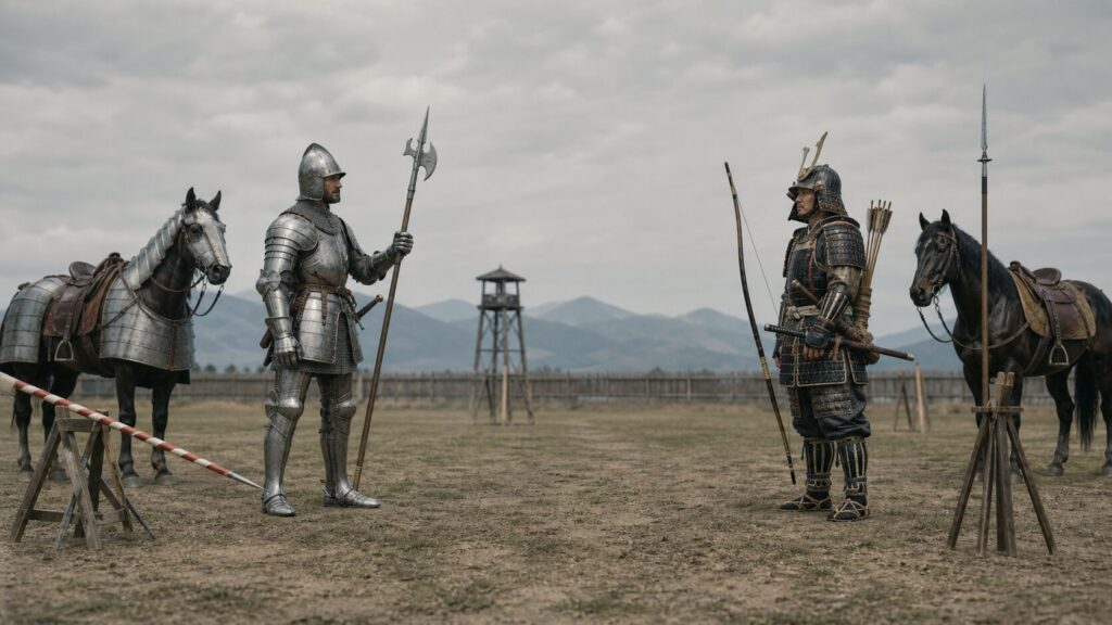 15世紀の西欧騎士と室町時代の侍が装備を比較する場面