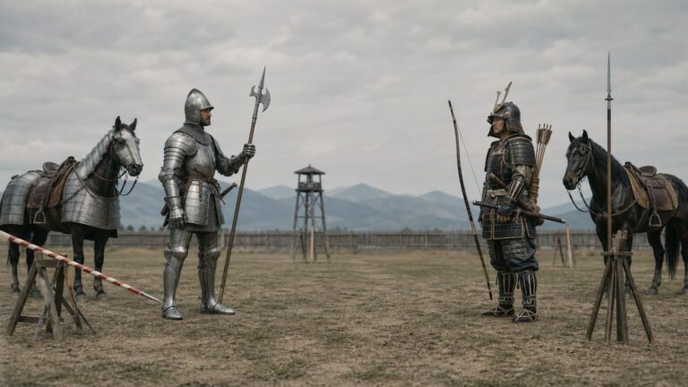 15世紀の西欧騎士と室町時代の侍が装備を比較する場面