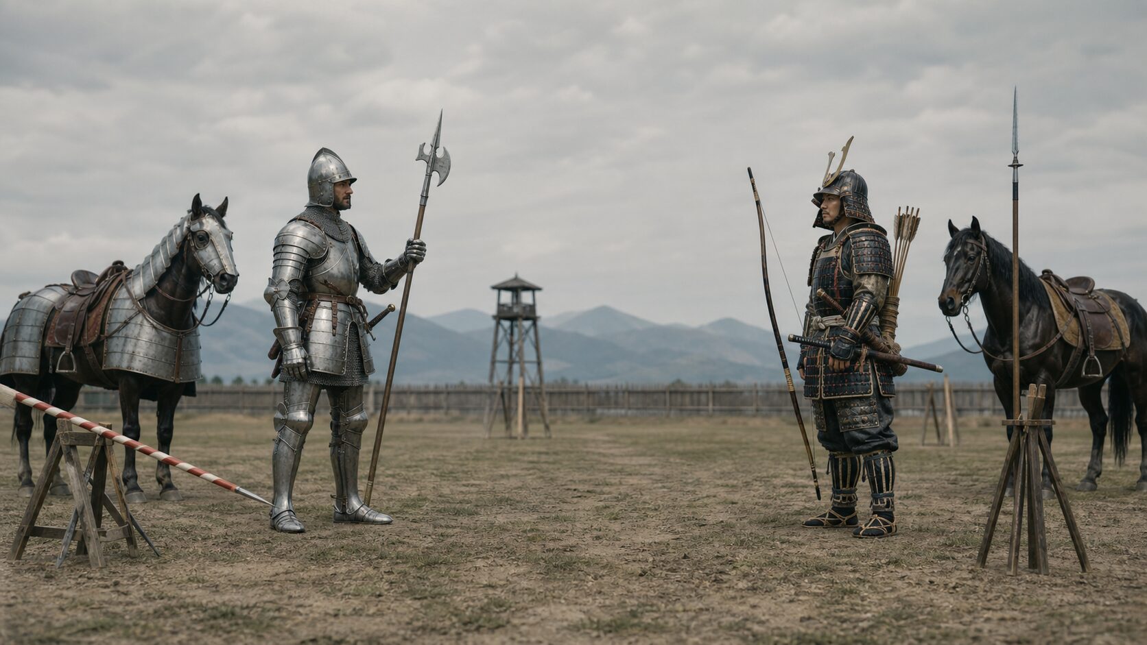 15世紀の西欧騎士と室町時代の侍が装備を比較する場面
