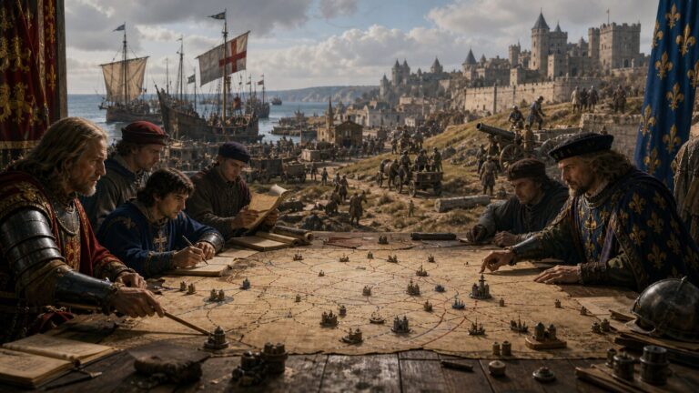 英仏の指揮官が港、城塞、補給路を示す作戦図を検討する場面