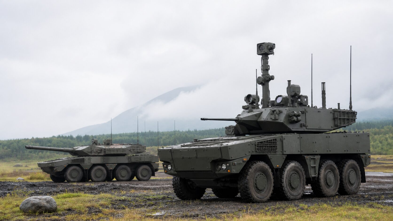 監視マストと30mm砲を備えた偵察車両と105mm砲を備えた装輪戦闘車両