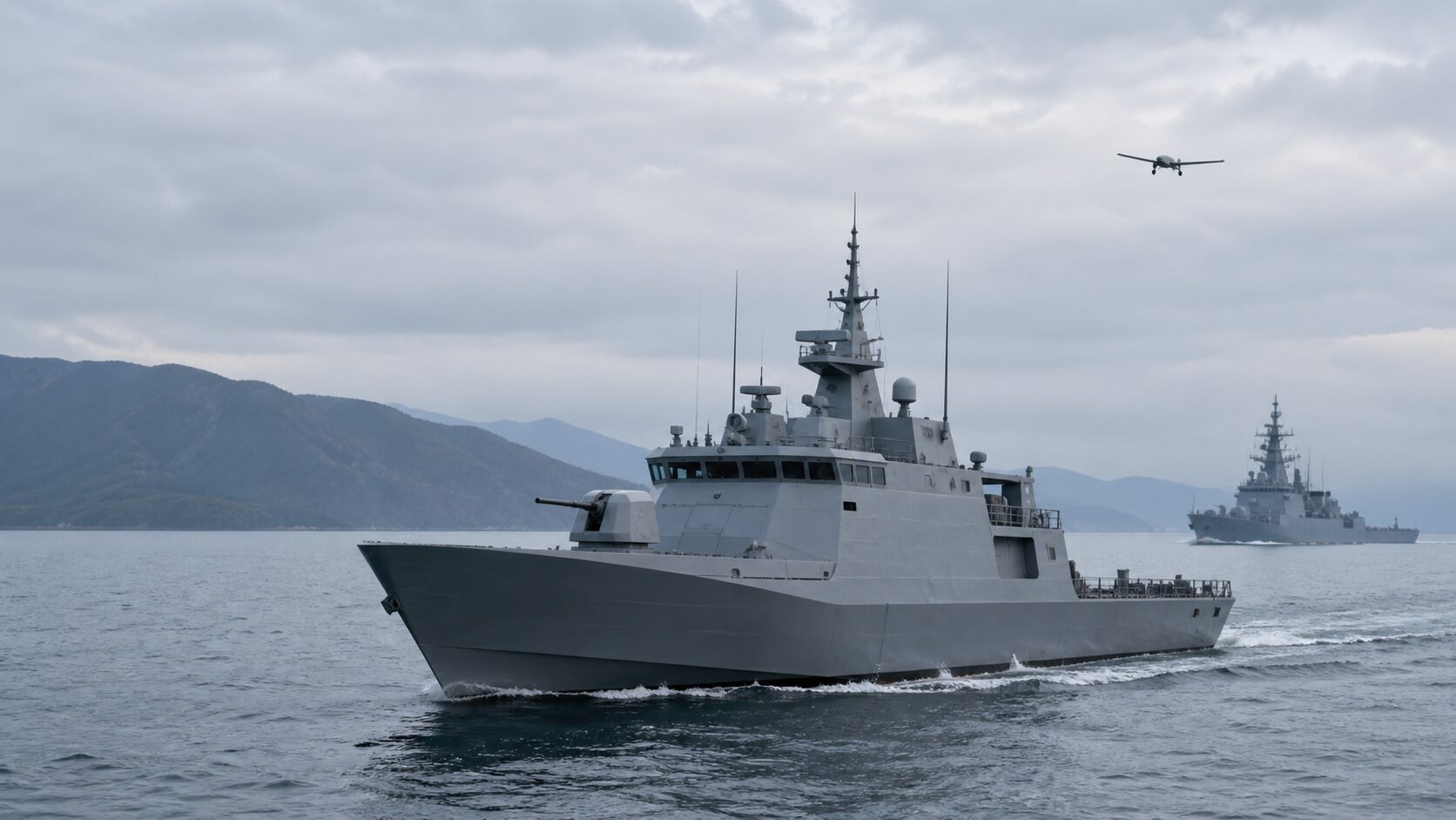 小型の新型哨戒艦と遠方を航行する大型護衛艦
