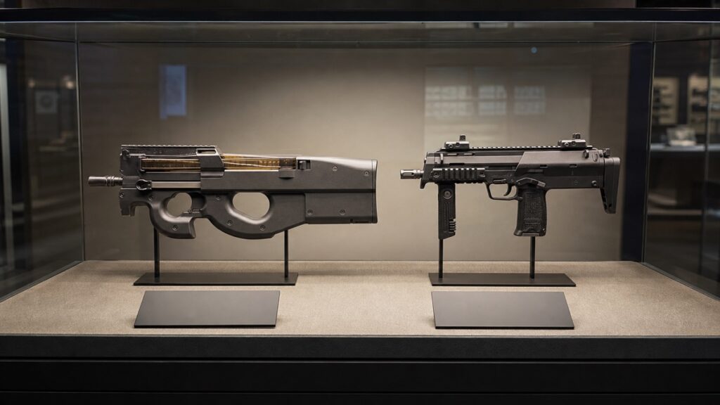 展示ケースに並ぶP90とMP7の外形比較