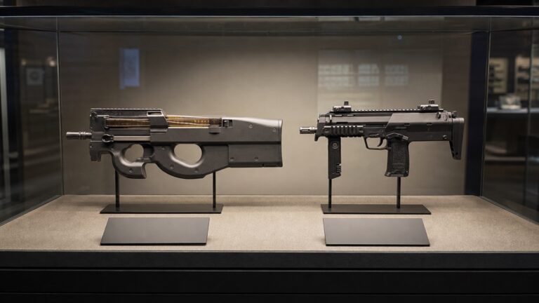 展示ケースに並ぶP90とMP7の外形比較