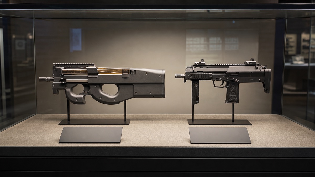 展示ケースに並ぶP90とMP7の外形比較