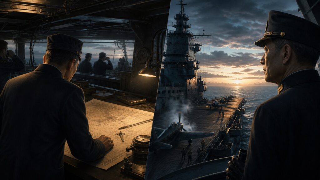 空母戦の作戦図を前に異なる判断を検討する二人の海軍指揮官
