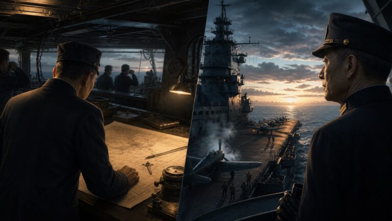 空母戦の作戦図を前に異なる判断を検討する二人の海軍指揮官