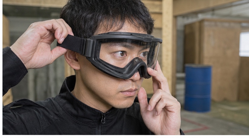 固体レンズゴーグルのストラップと顔の隙間を確認する人
