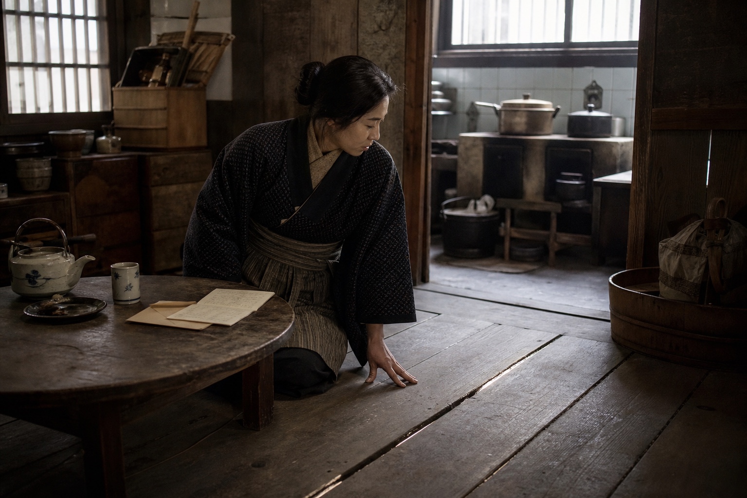 戦時下の東京の台所で床板の隙間と手紙を見つめる妻