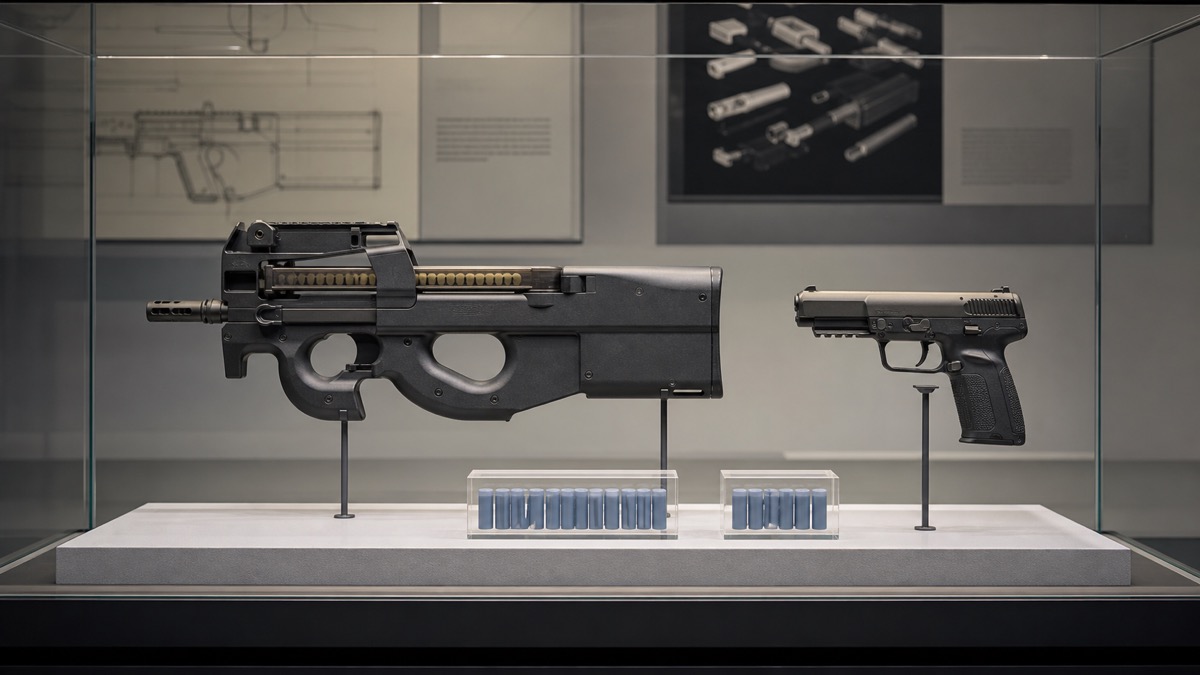 P90と5.7×28mm弾を共有する拳銃の展示