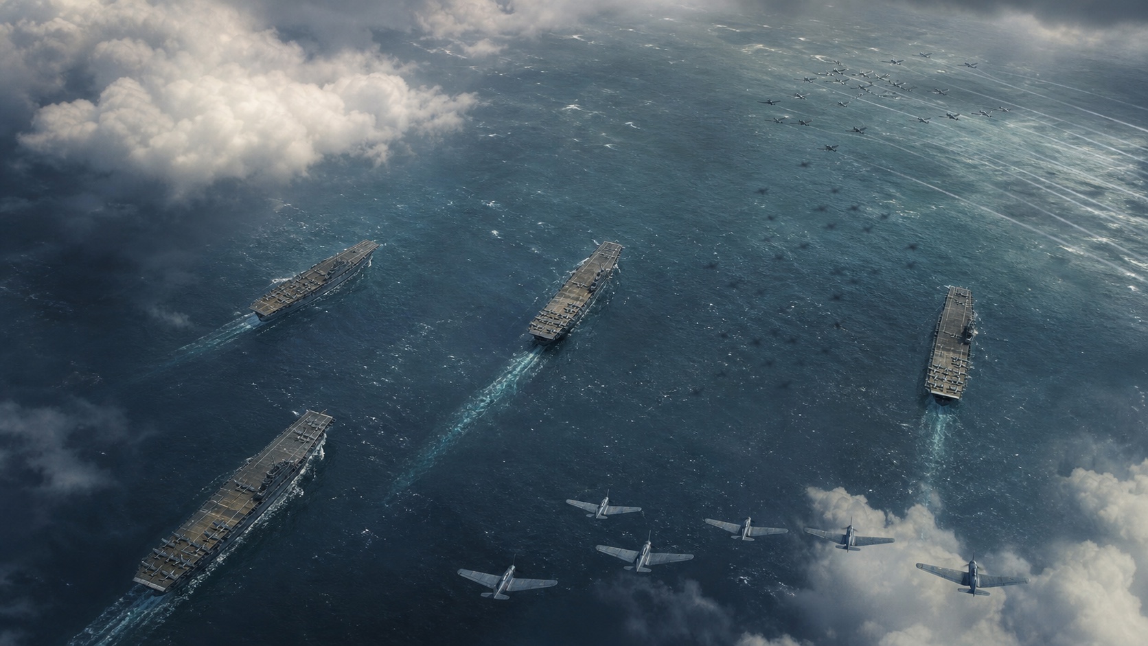 空母機動部隊へ複数方向から航空隊が接近するミッドウェー海戦