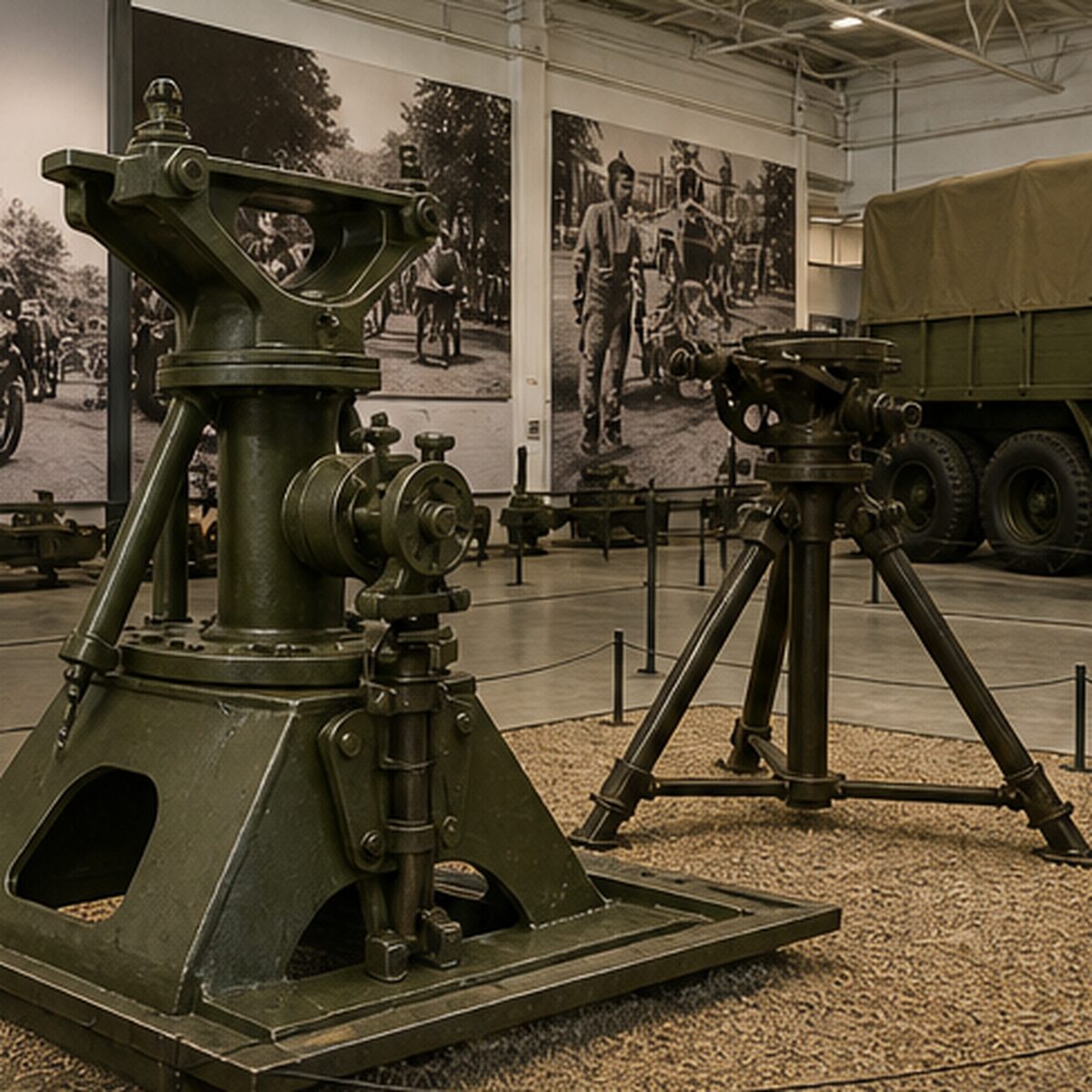 三脚に搭載されたM2重機関銃の展示