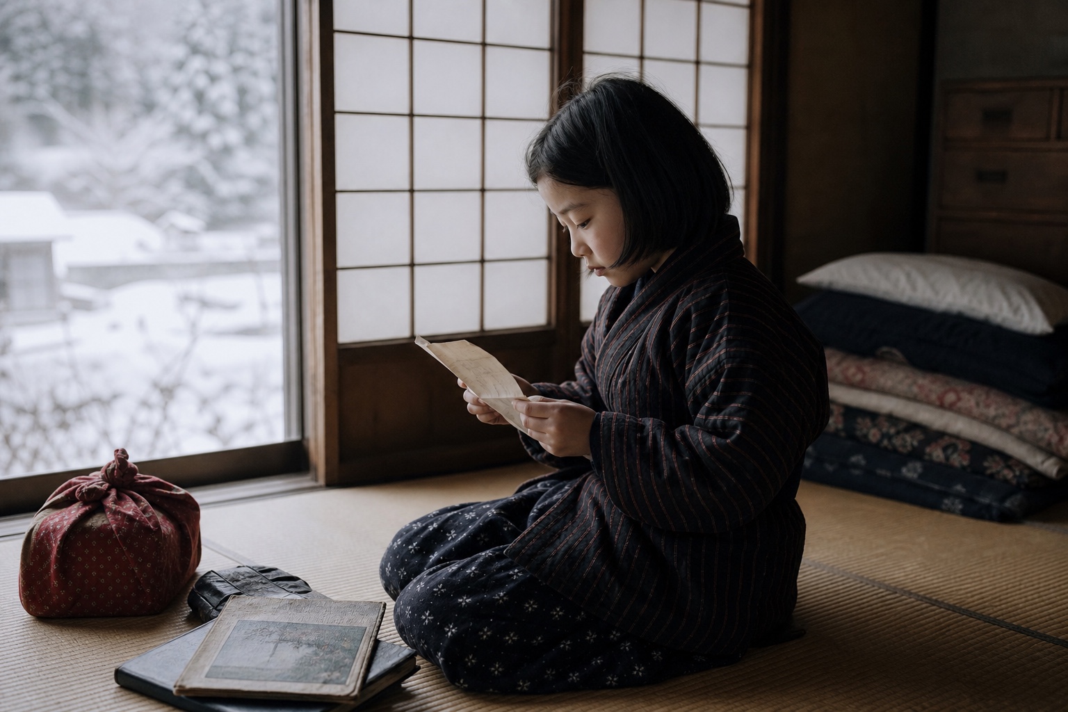 冬の信州の疎開先で父からの手紙を読む少女