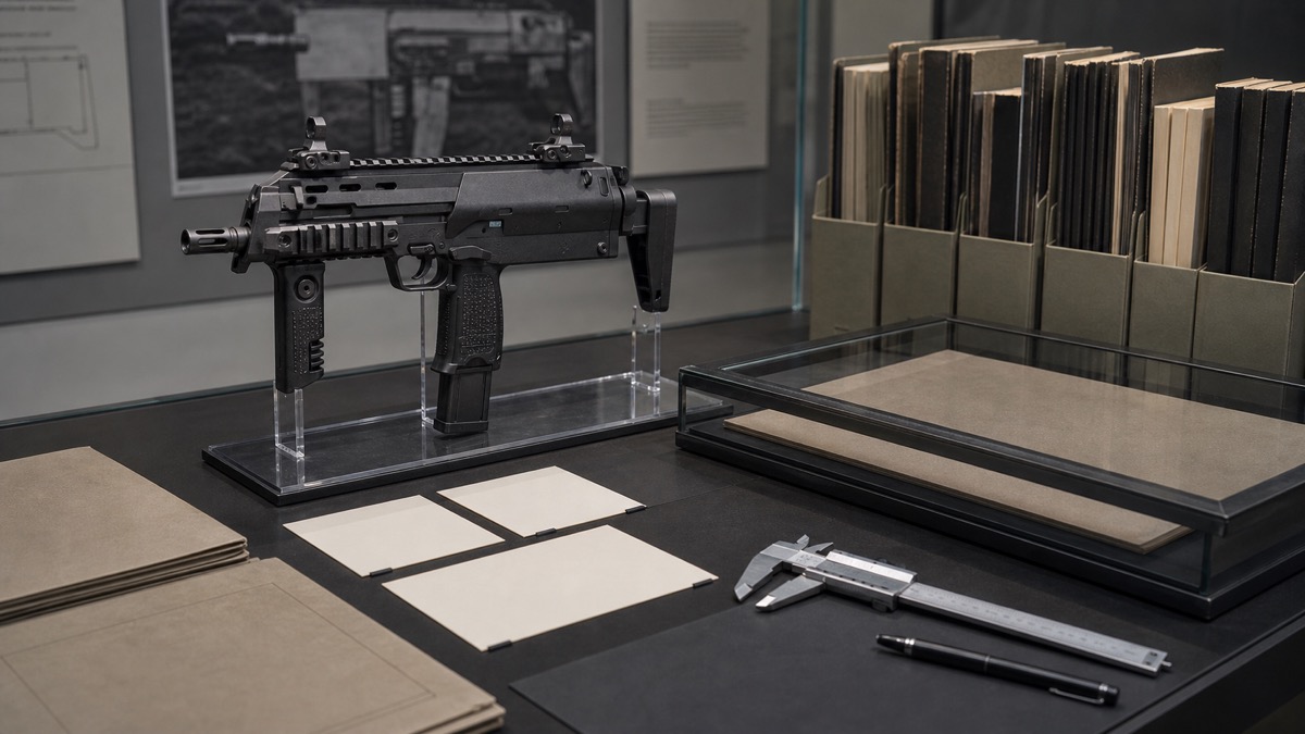 小型な外形と伸縮式ストックが分かるMP7の展示