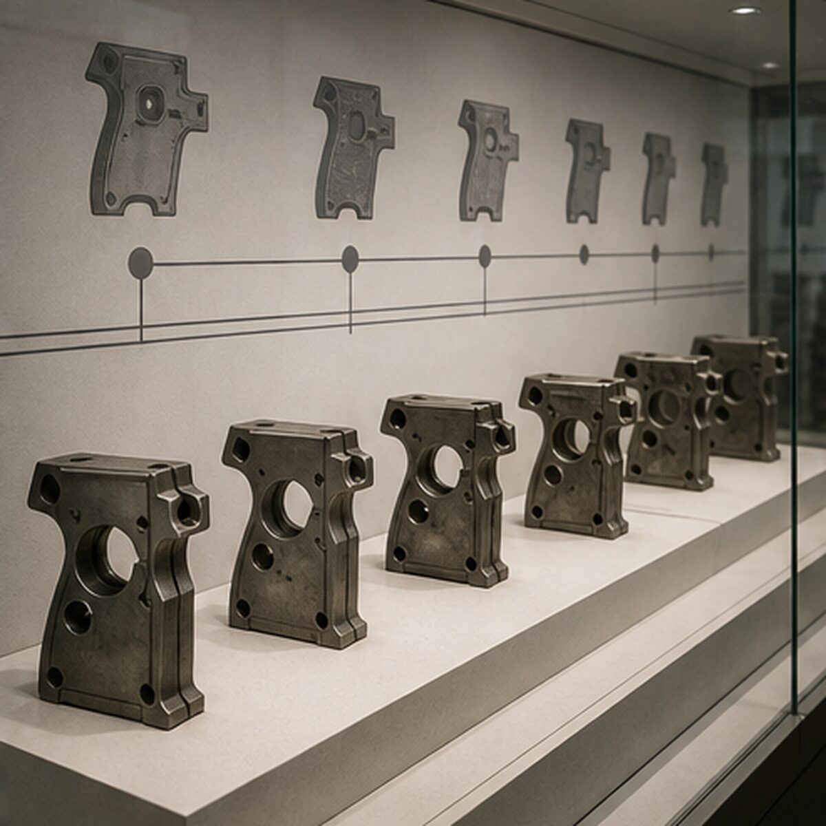 CZ 75系のフレームと部品形状の変遷を示す展示