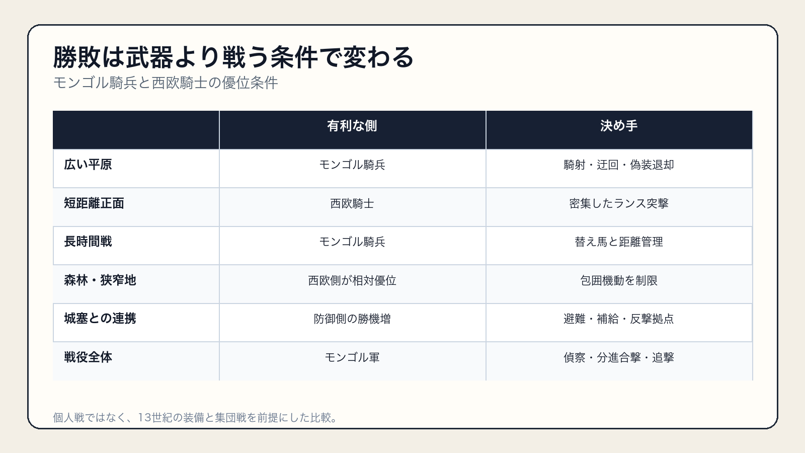 地形・距離・戦闘規模ごとのモンゴル騎兵と西欧騎士の優位条件