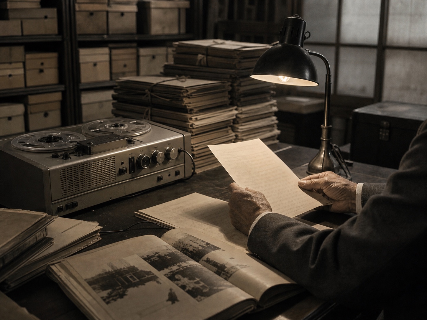 録音機と資料を前にインパール作戦の回想を読み上げる人物の手元