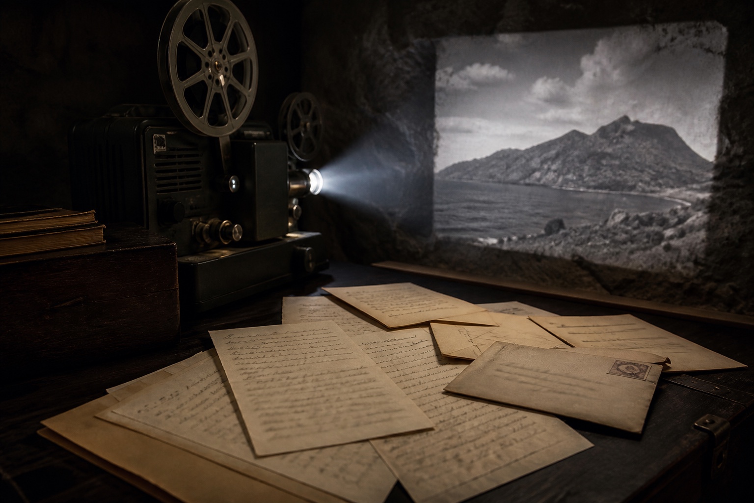 家族宛ての書簡と硫黄島を映す映写機を並べた資料展示