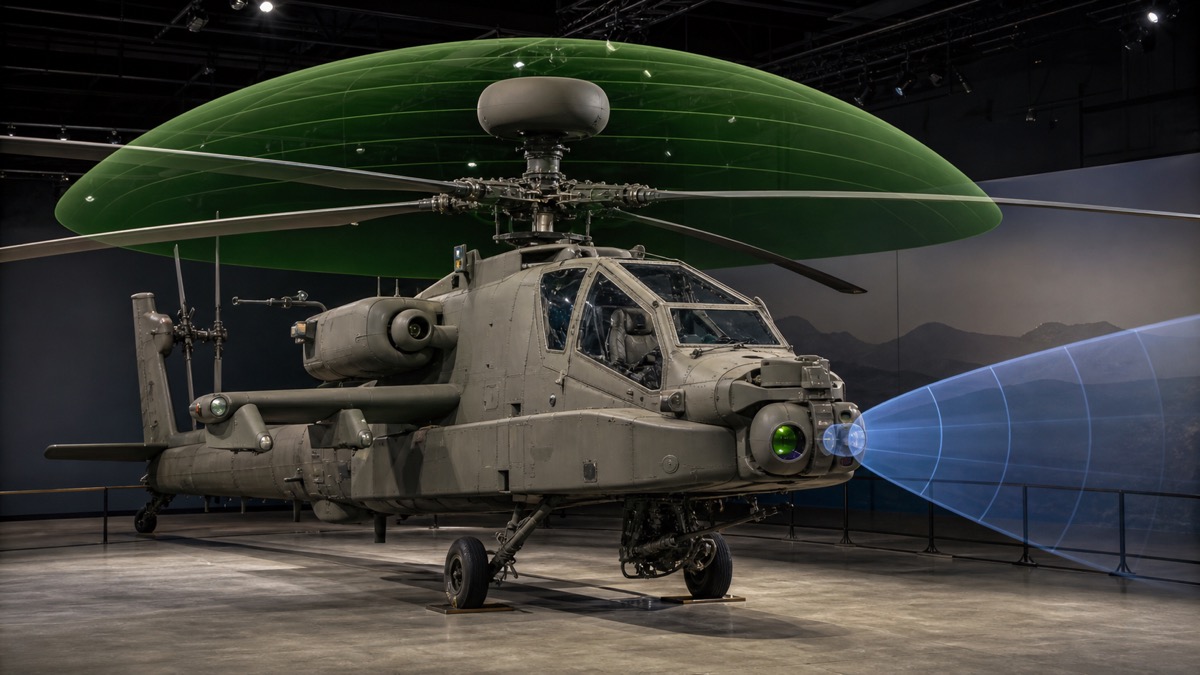 AH-64E級攻撃ヘリのロングボウ・レーダーと機首センサー