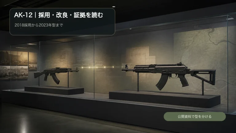 AK-74MからAK-12へ続く輪郭と現代個人装備の接続を示す博物館展示風構図
