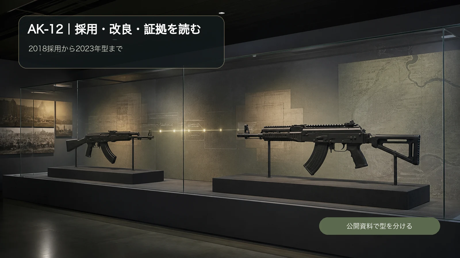 AK-74MからAK-12へ続く輪郭と現代個人装備の接続を示す博物館展示風構図