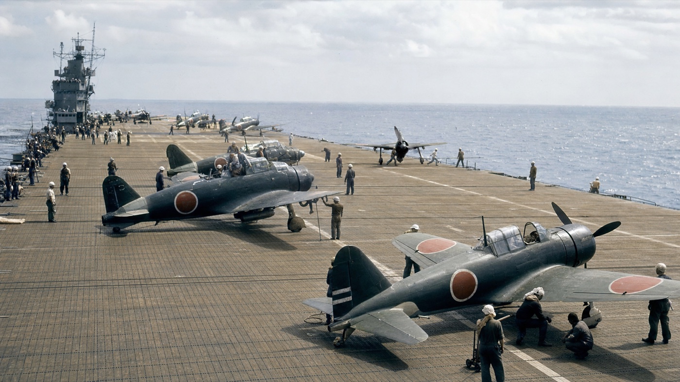 赤城飛行甲板で発艦準備を進める日本海軍艦載機の歴史復元図