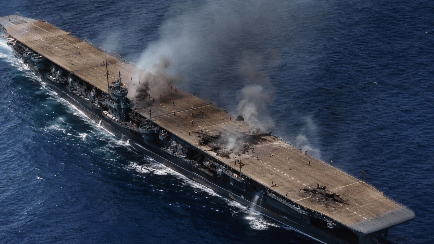 ミッドウェー海戦で飛行甲板を損傷した空母赤城の歴史復元図