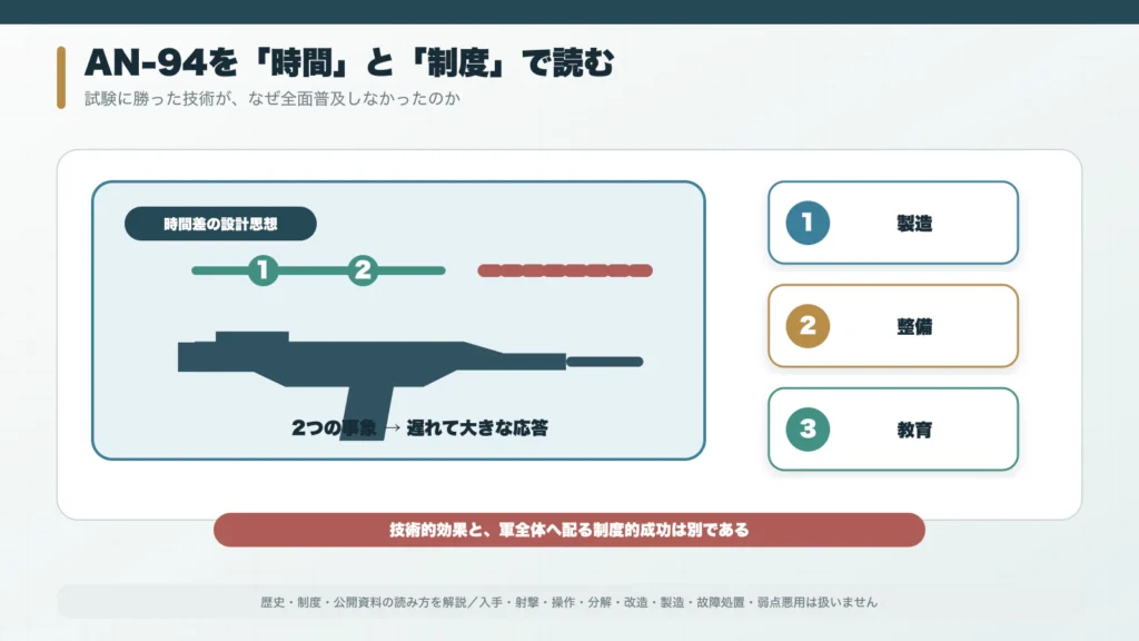 AN-94の外形と2発・反動伝達の時間差を抽象的な二本の時間線で示す博物館展示風構図