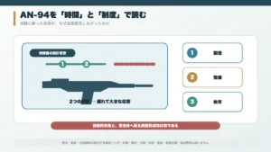 AN-94の外形と2発・反動伝達の時間差を抽象的な二本の時間線で示す博物館展示風構図