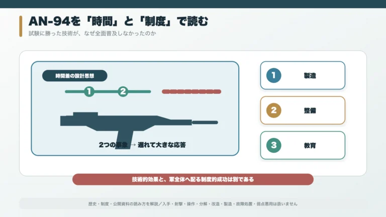 AN-94の外形と2発・反動伝達の時間差を抽象的な二本の時間線で示す博物館展示風構図