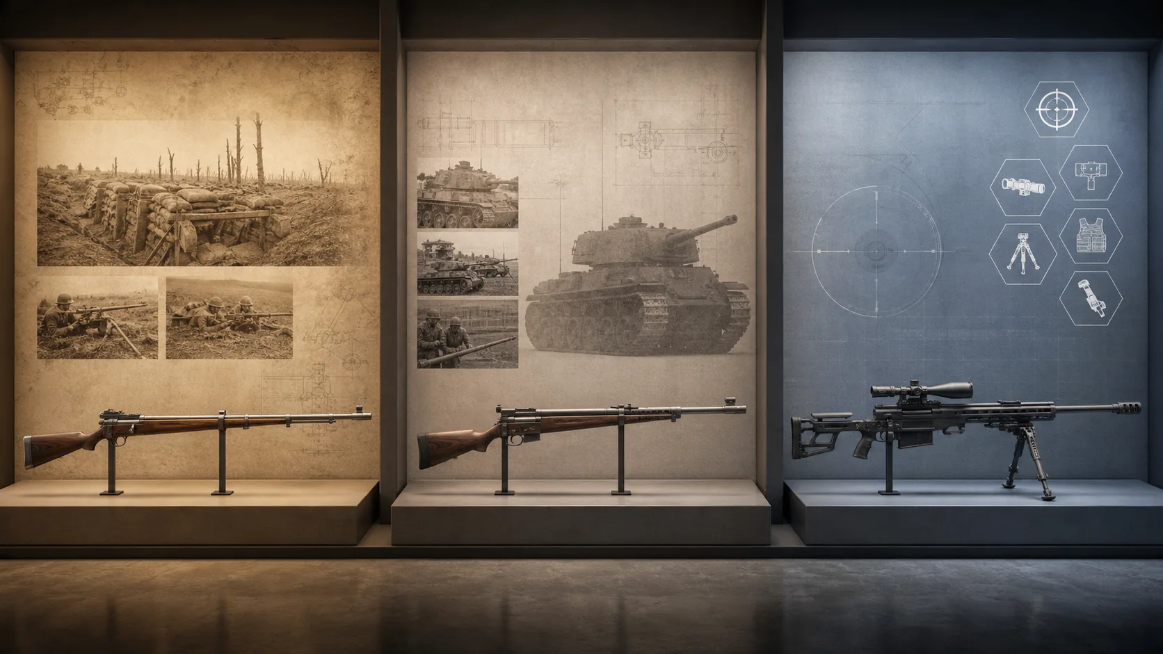 第一次世界大戦の対戦車ライフルから現代の対物ライフルへの任務変化を示す年表