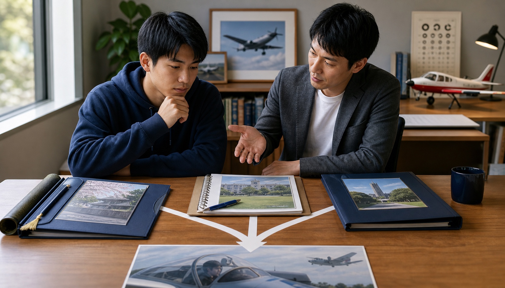 航空自衛隊パイロットへの三つの進路を相談する受験生