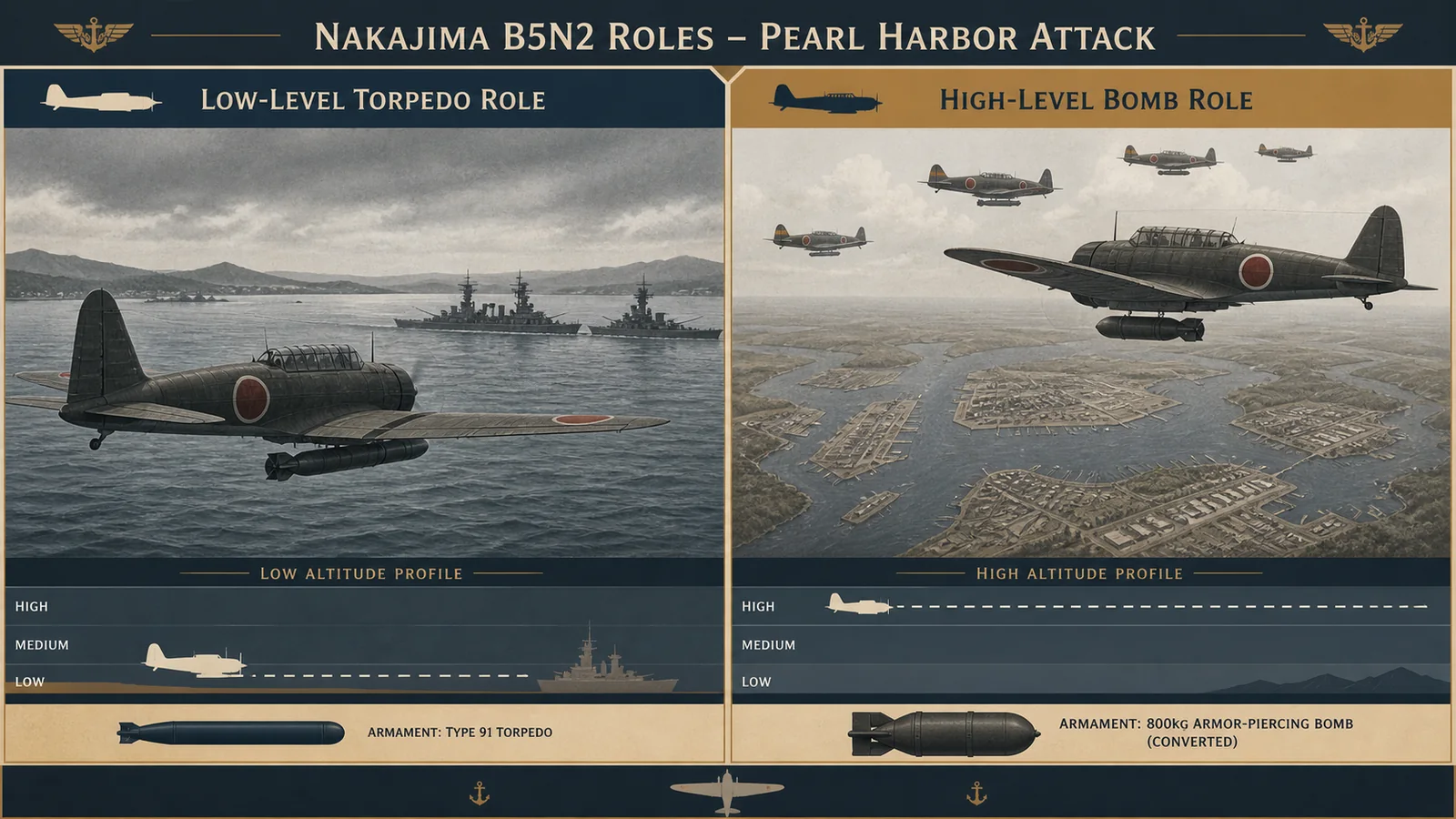 真珠湾での九七艦攻の雷撃と水平爆撃の二任務を示す図