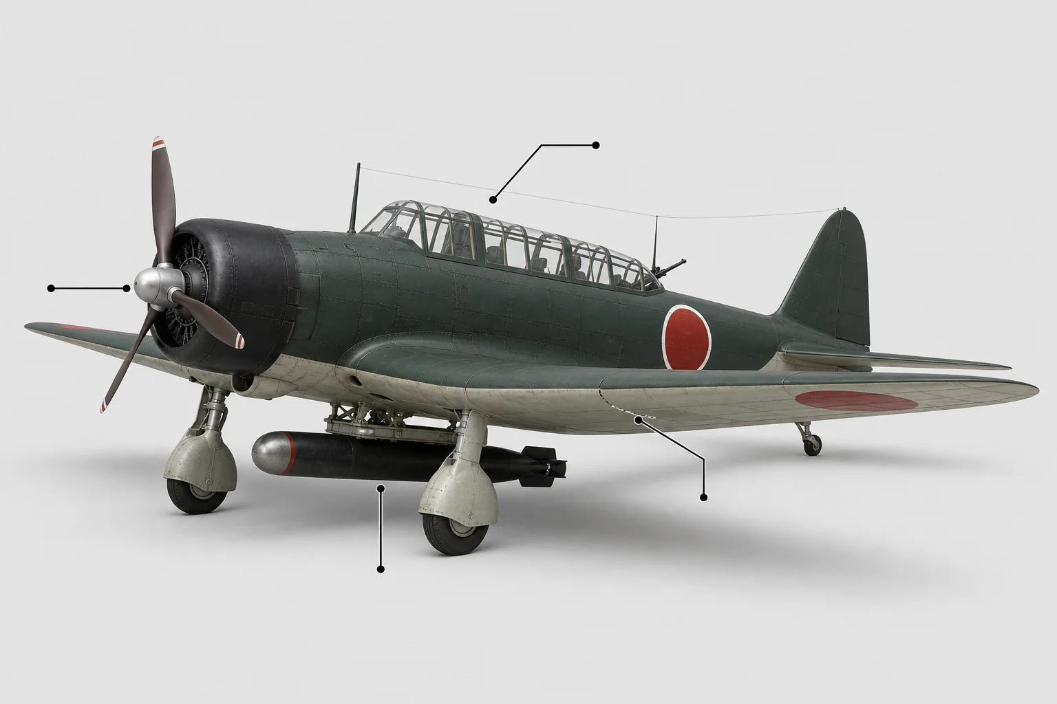 九七式三号艦上攻撃機B5N2の長いキャノピー・折りたたみ翼・魚雷懸吊部を示す側面図