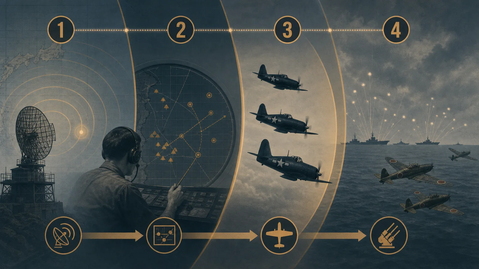 マリアナ沖海戦で天山の攻撃前方にレーダー・F6F・艦隊対空砲火が重なる迎撃体系図