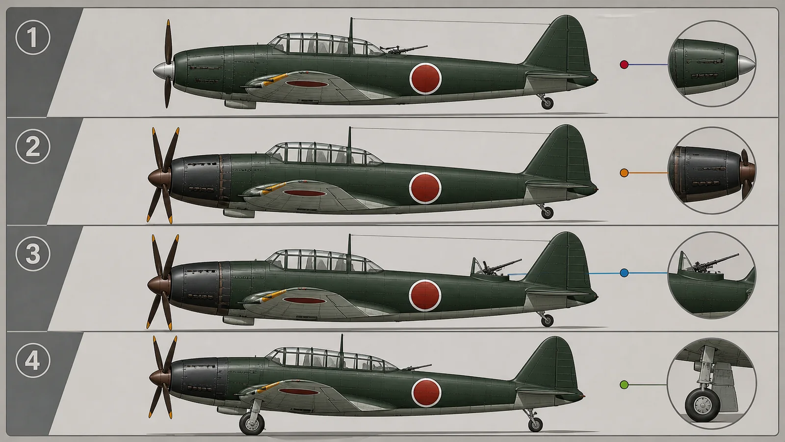 天山B6N1・B6N2・B6N2a・B6N3の発動機・後方武装・陸上運用の違い図